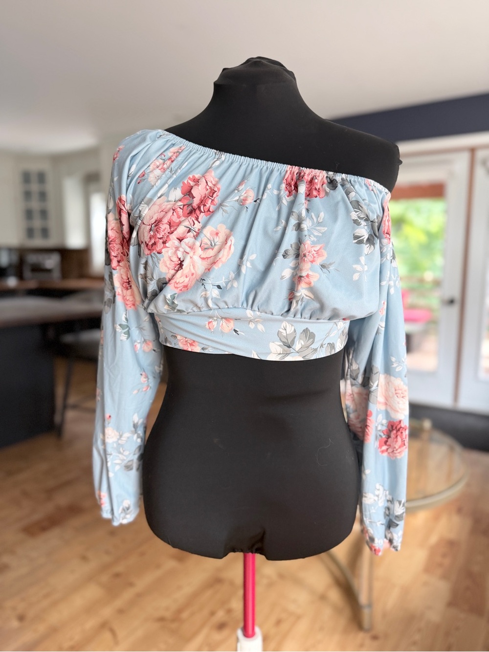 Floral Off-Shoulder Crop Top - Light Blue